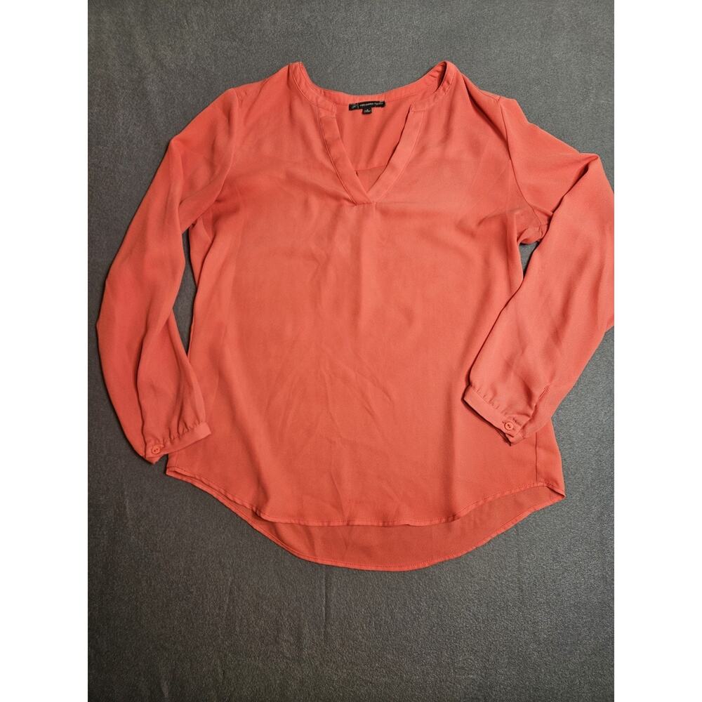 Adrianna Papell Top Womens Small Orange Sheer V Neck Polyester